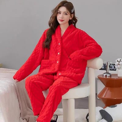 Pyjama en flanelle pour femme, automne et hiver, confortable, col en V, manches longues, pantalon, vêtements de maison, velours corail 2XL rouge