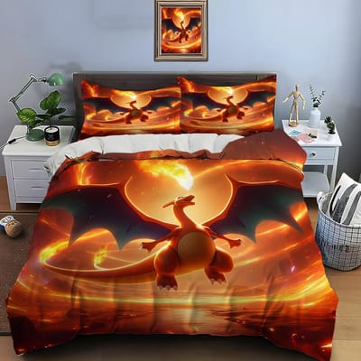 10 Maten Pokémon Charizard Print Beddengoed Set 3 Stuks Set Bed King Size Kussensloop Volwassen Bedovertrek Slaapkamer Bedset voor Cadeaus EU Twin 135X200cm