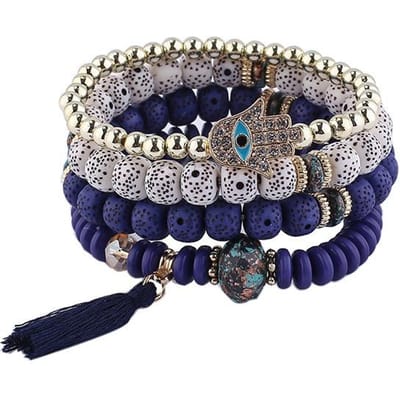 Nouveau Set de Bracelets à Pompons Œil Maléfique Pour Femmes Charme Main de Fatima en Cristal Perles de Pierre Chaîne Jonc Bijoux Bohémiens Cadeau gray