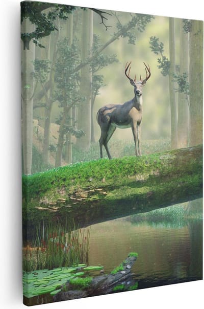 Artaza Canvas Schilderij Hert In Bos - 40x50 cm - Wanddecoratie Hertenkop - Muurdecoratie Boom - Kamer Accessoires Woonkamer
