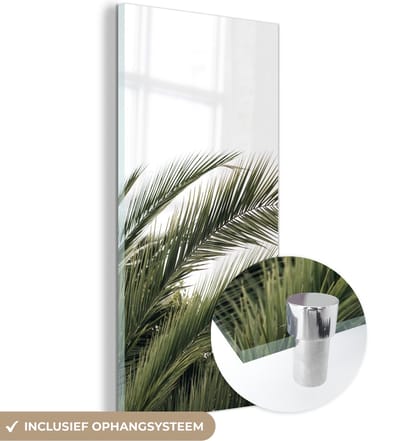 MuchoWow® Glasschilderij 60x120 cm - Schilderij acrylglas - Zomer - Bladeren - Tropisch - Palmblad - Foto op glas - Schilderijen