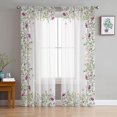 Boerderij Wilde Bloemen Plant Bloem Raamgordijnen Transparant Chiffon Tule Gordijn Huis Woonkamer Achtergrond Decoratie 135W x 137H(cm)