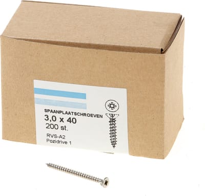 Hoenderdaal Spaanplaatschroef RVS platverzonken kop PZ1 voldraad 3.0X40 (per 200 stuks)