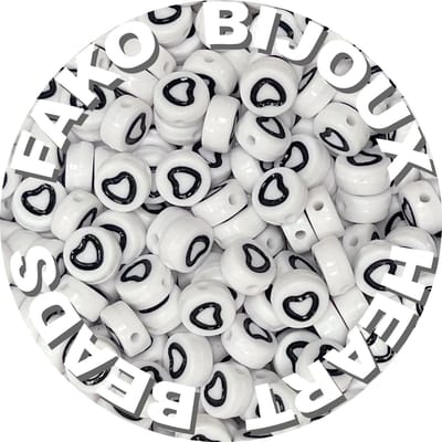Fako Bijoux® - Letterkralen Rond - Hartjes Kralen - Acryl - Sieraden Maken - 7mm - 250 Stuks - Wit/Zwart Open