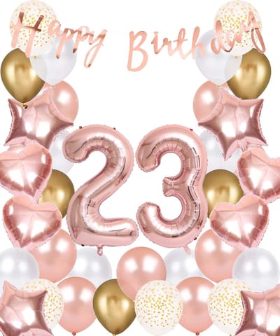 Snoes Ballonnen 23 Jaar Rose Gold White Dots - Compleet Feestpakket met cijfer ballon 23 Jaar - Verjaardag Versiering Slinger Happy Birthday – Folieballon – Latex Ballonnen - Helium Ballonnen - Rose Feestpakket
