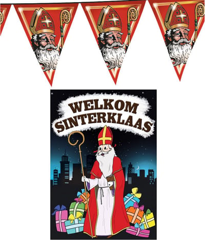 Sinterklaas versiering feestpakket inclusief 2x stuks vlaggenlijnen 5 meter en A1 deurposter
