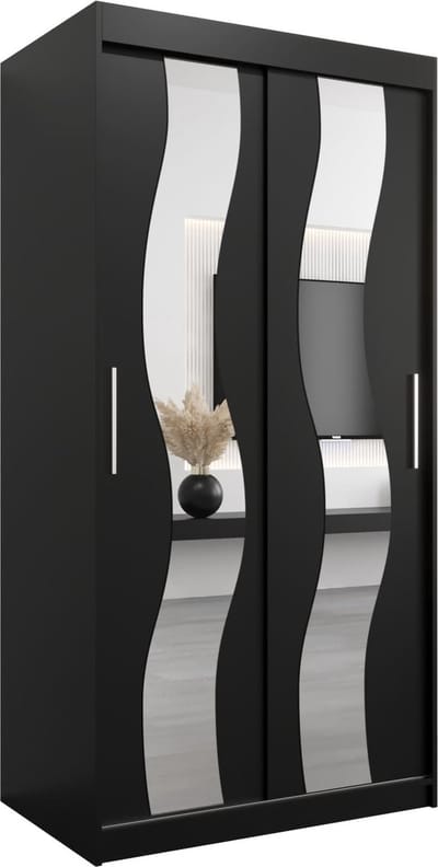 InspireMe - Kledingkast met 2 schuifdeuren, Modern-stijl, Een kledingkast met planken en een spiegel (BxHxD): 100x200x62 - REESE 100 Zwart Mat