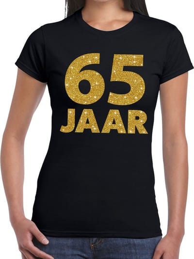 65 jaar goud glitter tekst t-shirt zwart dames - dames shirt 65 jaar - verjaardag kleding XS