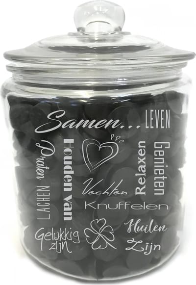 Grote snoeppot /koekpot (zonder drop) met tekst gravure SAMEN. Zonder drop. Cadeau-bruiloft-trouwdag-samenwonen-valentijn. Dik sterk glas. Het formaat is 25cm incl. deksel, 19cm doorsnede, inhoud 3,8 liter.