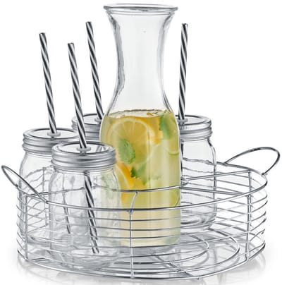 Zeller Water of sap Karaf - met 6 Mason Jars glazen - Glas - Metalen Houder - 1 Liter - Vaatwasserbestendig