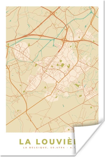 Poster Plattegrond - Vintage - La Louvière - Kaart - Stadskaart - 120x180 cm XXL