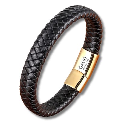 Leren Armband Heren - Gevlochten Zwart Leer - 21 cm - Goudkleurige RVS Sluiting - Luxe Herenarmband - Perfect als cadeau