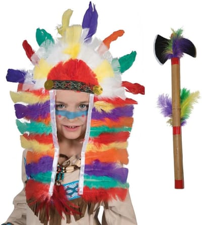 Indiaan verkleed accessoire set hoofdtooi en bijl - Carnaval verkleed accessoires indiaan