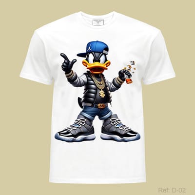 Hip-Hop Duck Graphic T-Shirt for Men – Streetwear Cartoon Duck Print with Gold Chains & Sneakers – White Casual Urban Tee High Quality Cotton Regular fit T-shirt