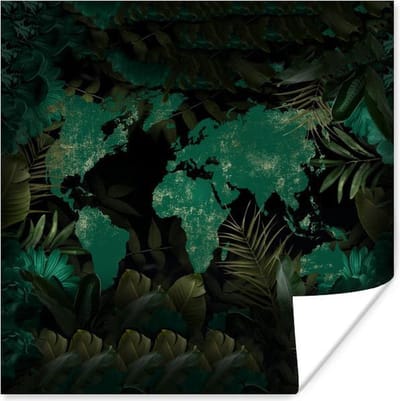 Poster 30x30 cm - Wereldkaart - Groen - Planten - Posters - Kamer decoratie - Wanddecoratie woonkamer - Muurdecoratie slaapkamer