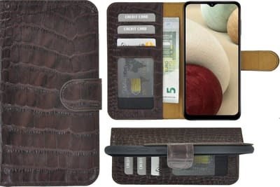 MoDo hoesje Geschikt voor Samsung Galaxy A14 5G - Echt Leer Book Case - Croco Chcocoladebruin