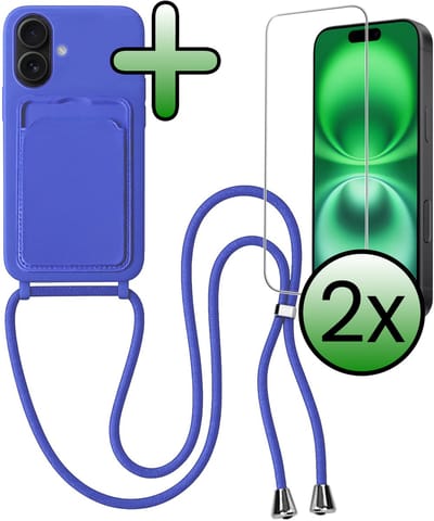 Hoes Geschikt voor iPhone 16 Plus Hoesje Pas Houder Case Hoes Met Koord Met 2x Screenprotector - Hoesje Geschikt voor iPhone 16 Plus Hoes Met Telefoonkoord Pasjeshouder Cover - Felblauw