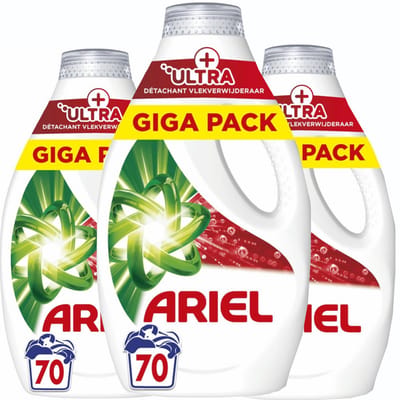 Ariel Vloeibaar Wasmiddel +Ultra Vlekverwijderaar 3 x 70 Wasbeurten - Voordeelverpakking