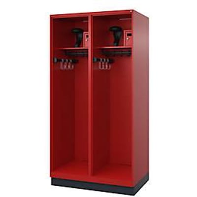Brandweerkluis C+P Evolo Flexo, 2 vakken, helmhouder, met sokkel, B 1000 x D 600 x H 1950 mm, RAL 3000 vuurrood/RAL 7021 zwartgrijs