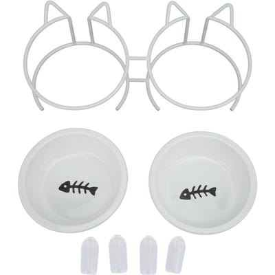 Gamelles Doubles en Céramique pour Animaux de Compagnie Gamelles Doubles en Céramique Surélevées pour Chat avec Support en Métal et Couvercle pour Nourriture et L