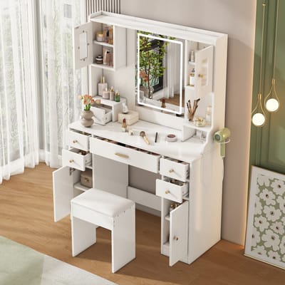 Kaptafel Met Spiegel En LED - Make Up Tafel Met Stopcontact Wit - Moderne Kaptafel Slaapkamer