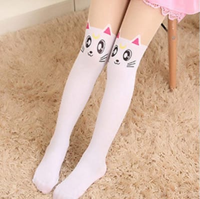 Meisjes panty leuke panty Koreaanse Stijl Kinderen Panty Kinderen Knie Kous Panty Voor Meisjes White Cat Large 7 - 13 Jaar