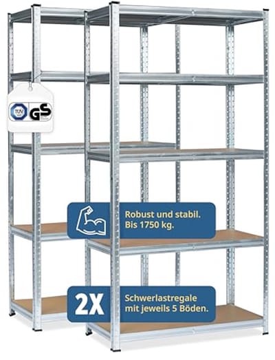 Dubbel Rek voor Zware Lasten met 10 MDF Planken - 1750 kg Max. Belastbaarheid - TÜV Gecertificeerd - 180 x 180 x 40 cm