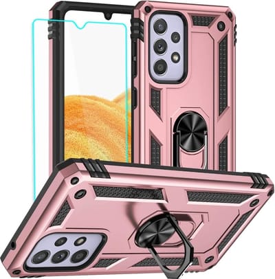 Hoesje Geschikt Voor Samsung Galaxy A33 Hoesje Anti-Shock Hybrid Armor hoesje Rose Goud - Hoesje Geschikt Voor Samsung Galaxy A33 5G kickstand Ring houder TPU backcover hoesje - met screenprotector Galaxy A33 5G - 2 pack