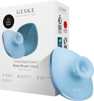 GESKE Body Brush | 4 in 1 | Ontwerp met metalen ring | Reinigingsborstel voor het hele lichaam | Dieptereiniging | Zachte siliconen borstelharen | Ergonomisch ontwerp met twee vingers