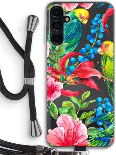 Case Company® - Hoesje met koord geschikt voor Samsung Galaxy A14 hoesje met Koord - Papegaaien - Telefoonhoesje met Zwart Koord - Bescherming aan alle Kanten en Over de Schermrand