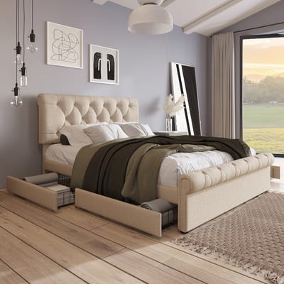 Wishdor Tweepersoonsbed 140x200 cm – Scroll-Design met Knopen – Verstelbaar Hoofdbord – 4 Lades – Linnen – Naturel