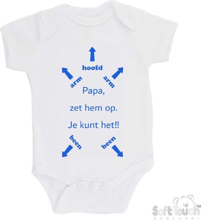 100% katoenen Romper "Papa, zet hem op. Je kunt het!!" + Hoofd Jongens Katoen Wit/blauw Maat 62/68