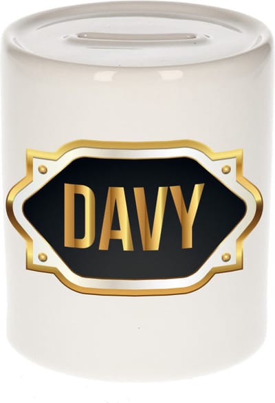 Spaarpot met voornaam Davy - wit - met goud/zwart embleem - 8 x 9 cm - keramiek - met afsluitdop - cadeau verjaardag