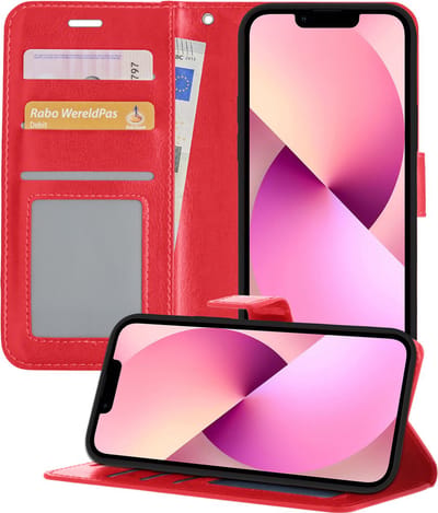Hoesje - Met Pasjeshouder - Geschikt voor Apple iPhone 14 - Luxe Bookcase Portemonee - Flip Case - Kunstleer Book Case - Flipcase - Book Cover - Walletcase - Portemonneehoes - Telefoonhoesjes - Rood