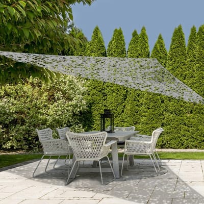 Schaduwdoek/zonnescherm driehoek camouflage grijs 3.6 x 3.6 x 3.6 meter - inclusief bevestiging haken set