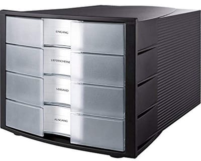 Stackbare opbergdoos met 4 grote lades voor DIN A4/C4 - Ideaal voor documentopslag - 29,5 x 36,8 x 23,5 cm - Zwart/Transparant