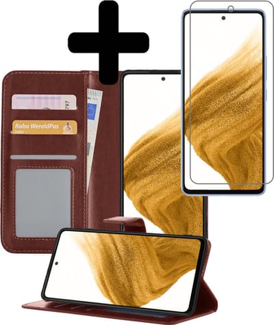 Hoesje - Met Screenprotector - Geschikt voor Samsung Galaxy A53 - Luxe Pasjeshouder - Bookcase Portemonee - Flip Case - Kunstleer Book Case - Flipcase - Book Cover - Walletcase - Portemonneehoes - Telefoonhoesjes - Bruin