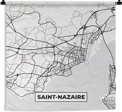 Wandkleed - Wanddoek - Stadskaart - Plattegrond - Kaart - Saint-Nazaire - Frankrijk - Zwart wit - 180x180 cm - Wandtapijt