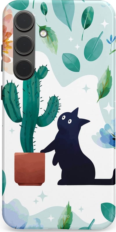 Casetastic hoesje geschikt voor Samsung Galaxy S24 Plus - Dubbellaagse bescherming - Cactuskat - Fashion Case - Lichtgrijs Turquoise Wit Mintgroen