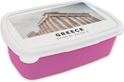Broodtrommel Roze - Lunchbox - Brooddoos - Parthenon - Griekenland - Athene - 18x12x6 cm - Kinderen - Meisje