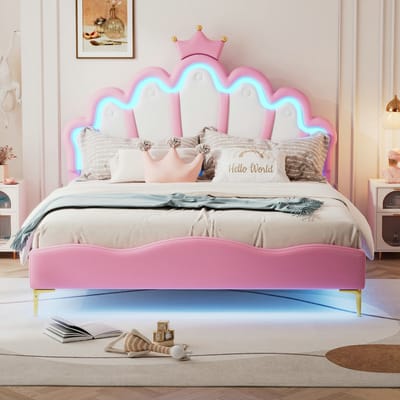 VVBV Kinderbed met LED-Verlichting 140x200 cm - Kroonhoofdbord - PU-leer Eiken/Roze