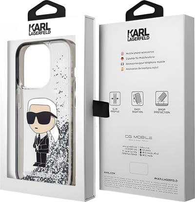 Karl Lagerfeld, Hoesje geschikt voor iPhone 15 Pro - Glitter Ikonik met Zwevende Glitters, Zilver