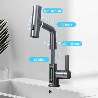 Zwarte Wastafelkraan met Temperatuurdisplay, Uittrekbaar & Liftbaar - 360° Draaibaar, Modern Badkamer Kraan