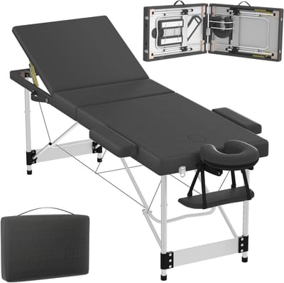 Opvouwbare 3-Zone Massagetafel - Aluminium Frame - Schuimvulling - Verstelbare Hoogte - Schoonheidsbed Met Hoofdsteun En Armleuningen - Behandelbank - Maximaal Belasting 230 kg - Zwart - NAIZY