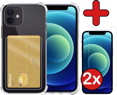 Hoesje - Geschikt voor Apple iPhone 12 - Met 2x Screenprotector - Pashouder - Kaarthouder - Back Cover - Telefoon Hoes Shockproof - Siliconen Case - Shock Proof - Pasjes Houder - Telefoonhoes - Transparant