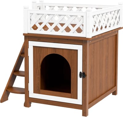 Kattenhuis - Voor buiten - Hok - Kooi - Bench - Ren - 2 verdiepingen - Duurzaam - 67,5L x 63B x 68,5H cm - Bruin