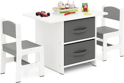 COSTWAY Kindertafel met 2 stoelen, 3-delig. Houten zitgroep met 2 afneembare manden en breed tafelblad, activiteitstafel kindermeubel om te eten, tekenen voor kinderen vanaf 3 jaar