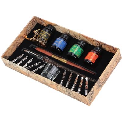 Dip Pen Kit 24x13.5x4.3cm Platte Ronde Penpunten met Inkt Houder voor Schrijven Tekenen Kalligrafie(SP249045 Vuurkleur ( Hengel black