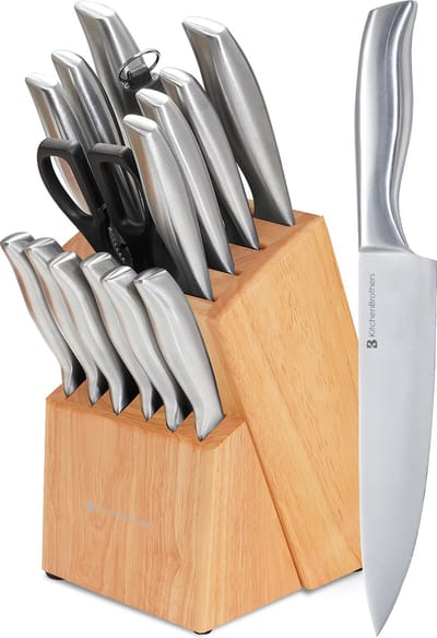 KitchenBrothers Messenset - Messenblok met Messen - 16-Delig - met Schaar en Aanzetstaal - Hardhout