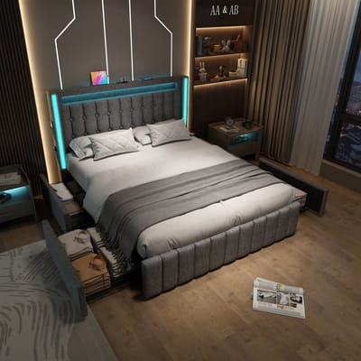MODENUIT Gestoffeerd Bed 140x200 cm – Hoofdbord met USB en type C – LED-verlichting en 4 Lades – Zonder Matras – Grijs